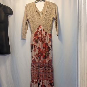 Free people knit 3/4 sleeve maxi dress floral and beige